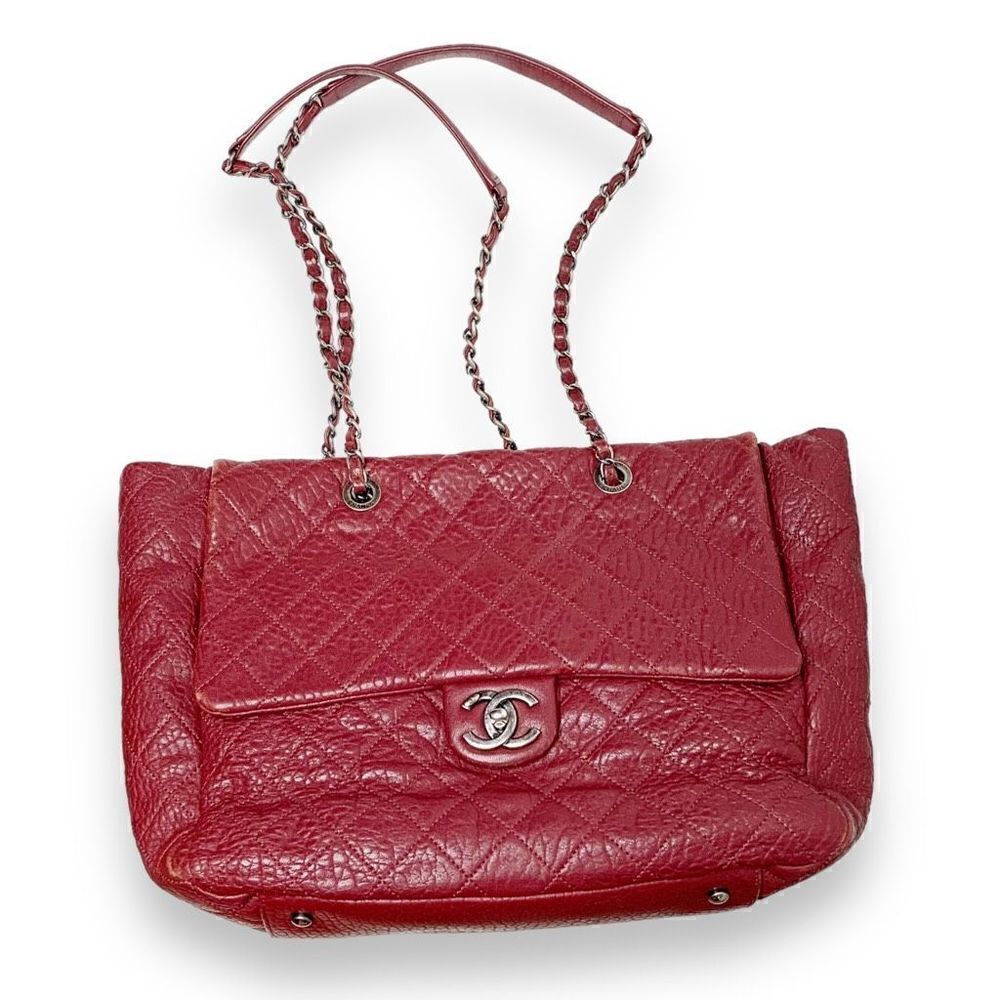 Chanel Large Duo Tote Bag Burgundy Calfskin Ruthenium Gunmetal Hardware Preowned